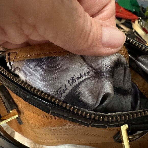 Ted Baker Tan Leather Satchel Bag/Purse Patent Handles All Over Logo - Picture 10 of 12